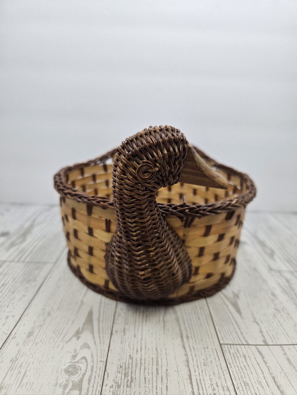 Handmade Woven Wood Duck Basket Carved Country Farmhouse Cottagecore Decor